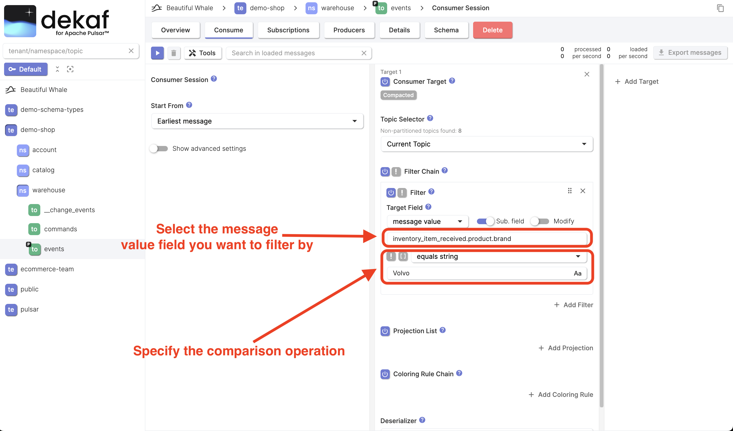 configure first message filter